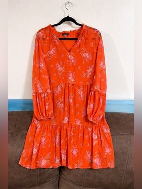 Excellent Condition Vince Camuto Orange Floral Tiered Mini Dress Size Medium